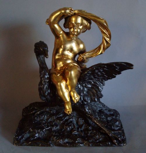 C19th Bronze Cherub on a Heron