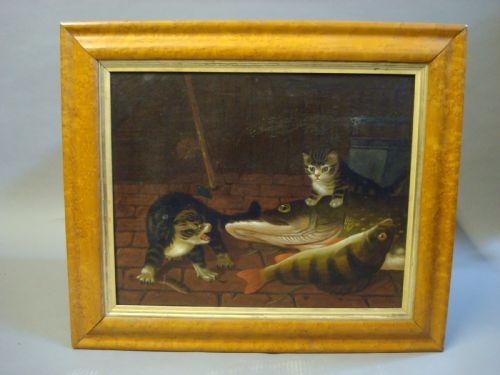 C19th Oil Painting of Cats and Fish