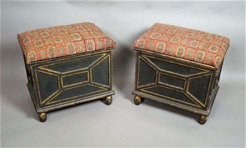 C19th Pair of Decorated Box Stools with Black and Gilt Decoration