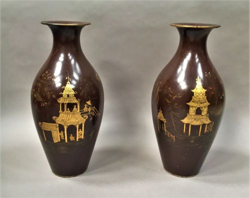 C19TH PAIR OF LACQUERED PAPIER MACHE VASES BY JENNENS BETTRIDGE STAMPED