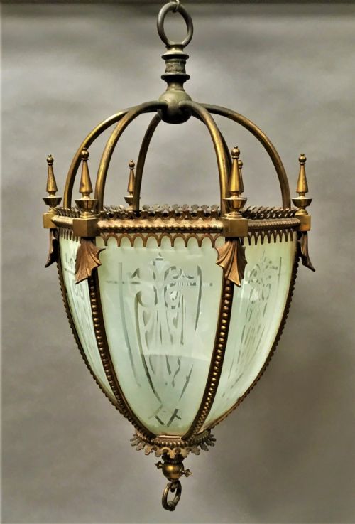 C19th Gilt Brass Hexagonal Lantern of Pendant Design