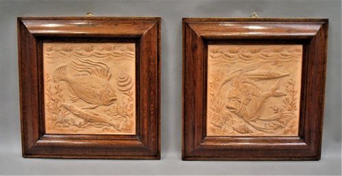 C19th Pair of Terracotta Plaques Sculpted with Fish and Marine Life