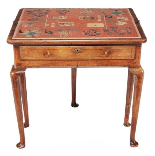 George I Walnut Card Table Having a Rare Needlework Interior