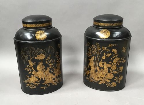 C19th Pair of Chinoiserie Lacquered Tole Tea Canisters by John Bartlett