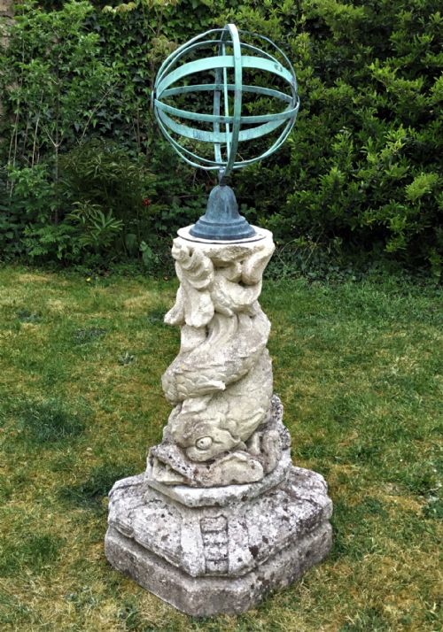 C18th Carved Limestone Pedestal Fountain with Armillary Sundial
