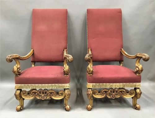 C19th Pair of Carved Giltwood Open Armchairs/throne Chairs in the Italianate / Baroque Manner