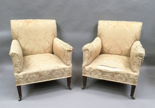 C19th Howard and Sons Pair of Upholstered Library Chairs / Armchairs