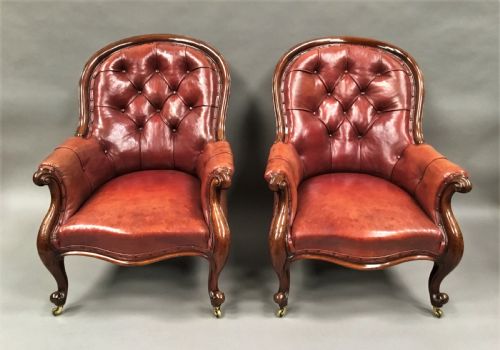 MID C19TH PAIR OF MAHOGANY AND LEATHER LIBRARY ARMCHAIRS - ADDITIONAL PHOTO 17