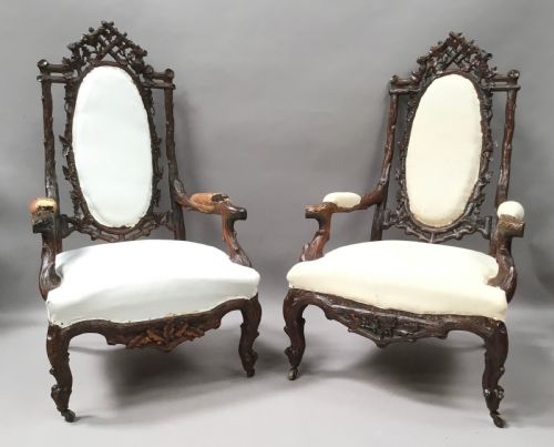C19th Pair of Black Forest Open Armchairs