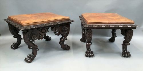 William IV Large Pair of Carved Mahogany Stools