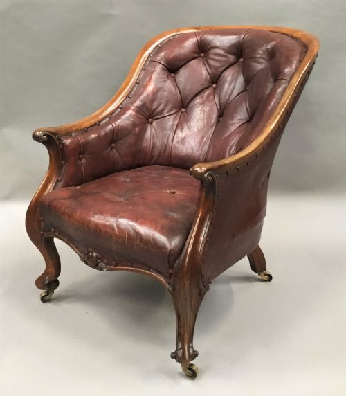C19th Walnut and Leather Library Armchair