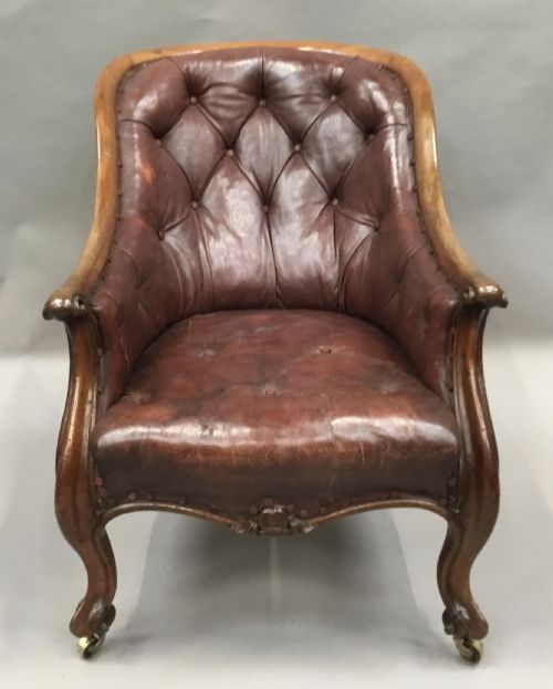 fig 1. C19th walnut and leather library armchair