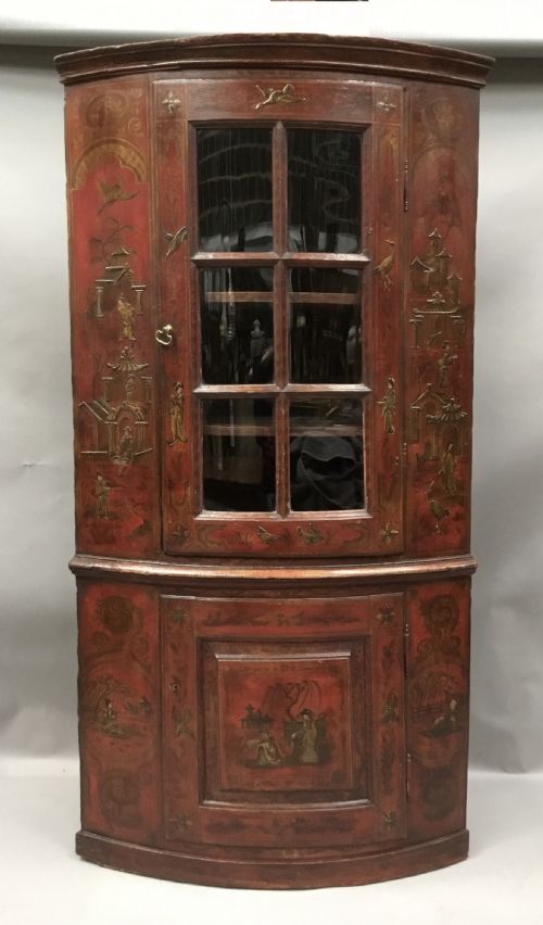 C18th Red Lacquered Chinoiserie Standing Corner Cupboard