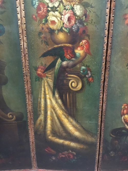 C19TH PAINTED LEATHER THREE FOLD SCREEN - ADDITIONAL PHOTO 2