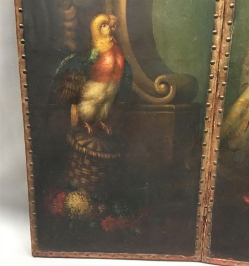 C19TH PAINTED LEATHER THREE FOLD SCREEN - ADDITIONAL PHOTO 3