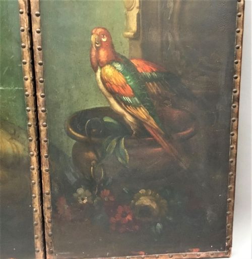 C19TH PAINTED LEATHER THREE FOLD SCREEN - ADDITIONAL PHOTO 4