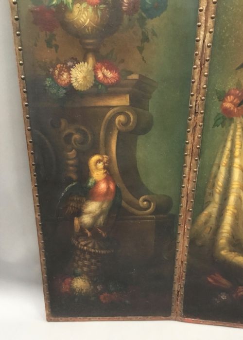 C19TH PAINTED LEATHER THREE FOLD SCREEN - ADDITIONAL PHOTO 5