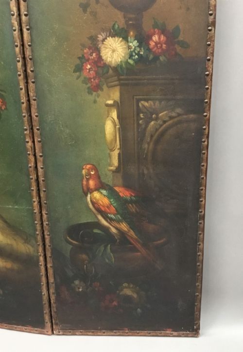 C19TH PAINTED LEATHER THREE FOLD SCREEN - ADDITIONAL PHOTO 7