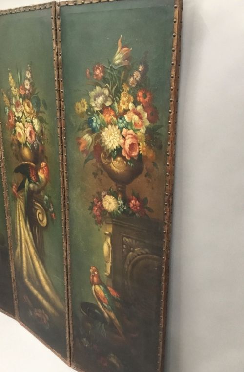 C19TH PAINTED LEATHER THREE FOLD SCREEN - ADDITIONAL PHOTO 13