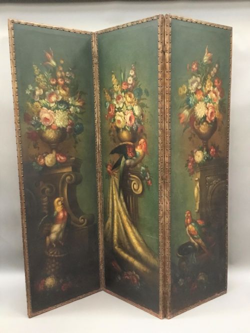 C19TH PAINTED LEATHER THREE FOLD SCREEN - ADDITIONAL PHOTO 14