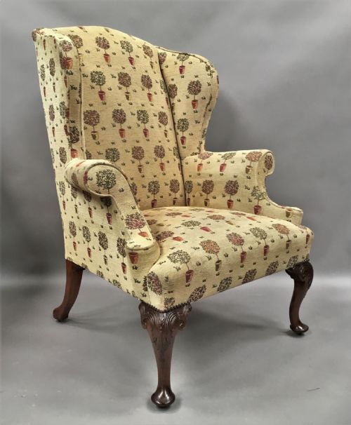 Good C19th Carved Mahogany Upholstered Wing / Armchair