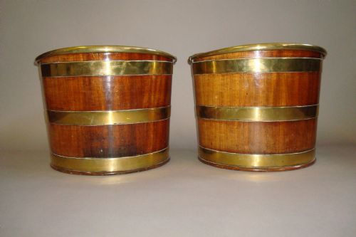 RARE PAIR OF GEORGE III BRASS BOUND MAHOGANY PLATE BUCKETS - ADDITIONAL PHOTO 3