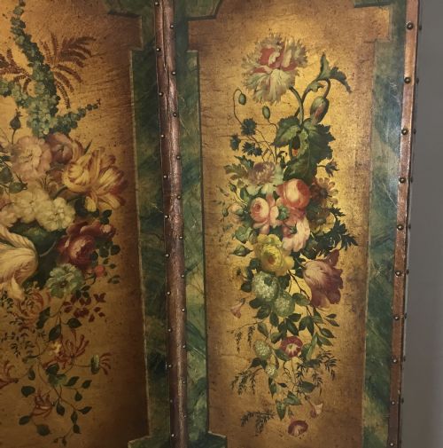 C19TH PAINTED LEATHER FOUR FOLD SCREEN - ADDITIONAL PHOTO 1