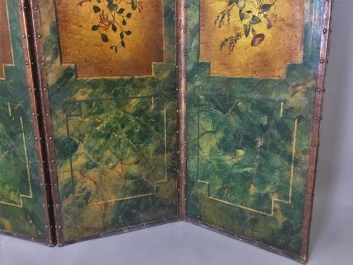 C19TH PAINTED LEATHER FOUR FOLD SCREEN - ADDITIONAL PHOTO 3