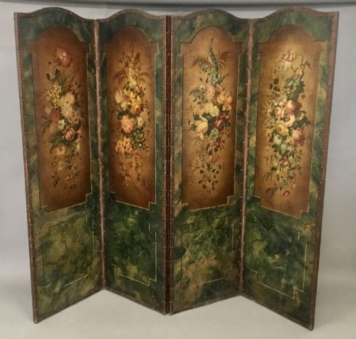 C19TH PAINTED LEATHER FOUR FOLD SCREEN - ADDITIONAL PHOTO 5