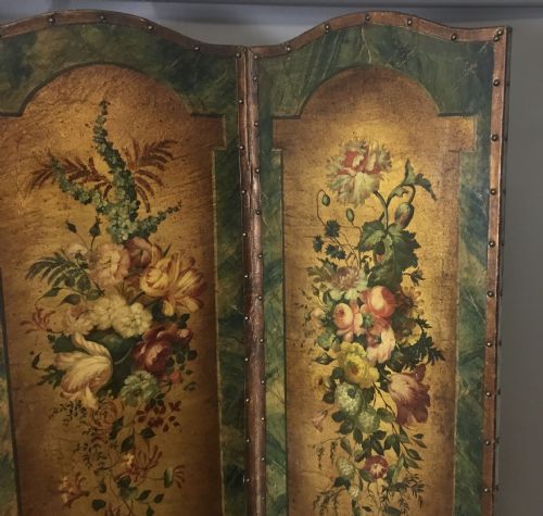 C19TH PAINTED LEATHER FOUR FOLD SCREEN - ADDITIONAL PHOTO 9