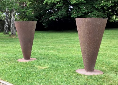 C20th Pair of Cast Iron Conical Shaped Garden Urns / Planters in the Art Deco Manner