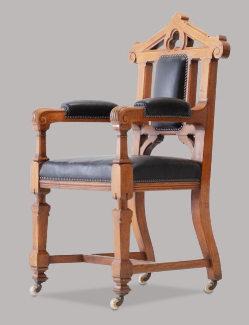 C19TH PAIR OF GOLDEN OAK AND LEATHER OPEN ARMCHAIRS IN THE GOTHIC MANNER - ADDITIONAL PHOTO 2