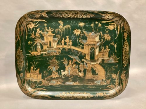 Large Regency Chinoiserie Tole Tray in Rare and Desirable Green Lacquer