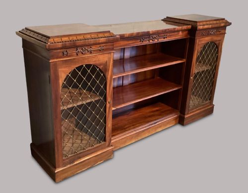 REGENCY INVERTED BREAKFRONT BOOKCASE CABINET IN STRIKING GONALO ALVES - ADDITIONAL PHOTO 1