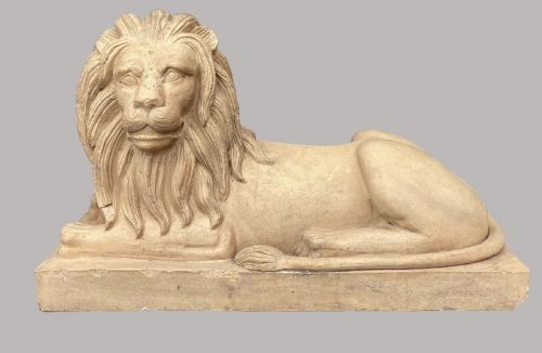 C19TH VERY LARGE PAIR OF BUFF TERRACOTTA LIONS OF VERY IMPRESSIVE SCALE - ADDITIONAL PHOTO 1