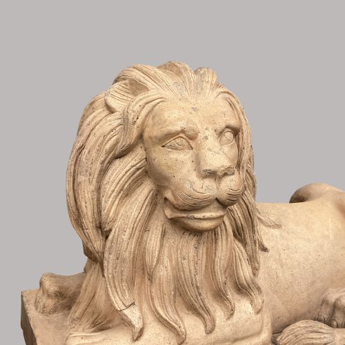 C19TH VERY LARGE PAIR OF BUFF TERRACOTTA LIONS OF VERY IMPRESSIVE SCALE - ADDITIONAL PHOTO 7