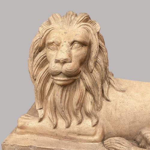 C19TH VERY LARGE PAIR OF BUFF TERRACOTTA LIONS OF VERY IMPRESSIVE SCALE - ADDITIONAL PHOTO 8