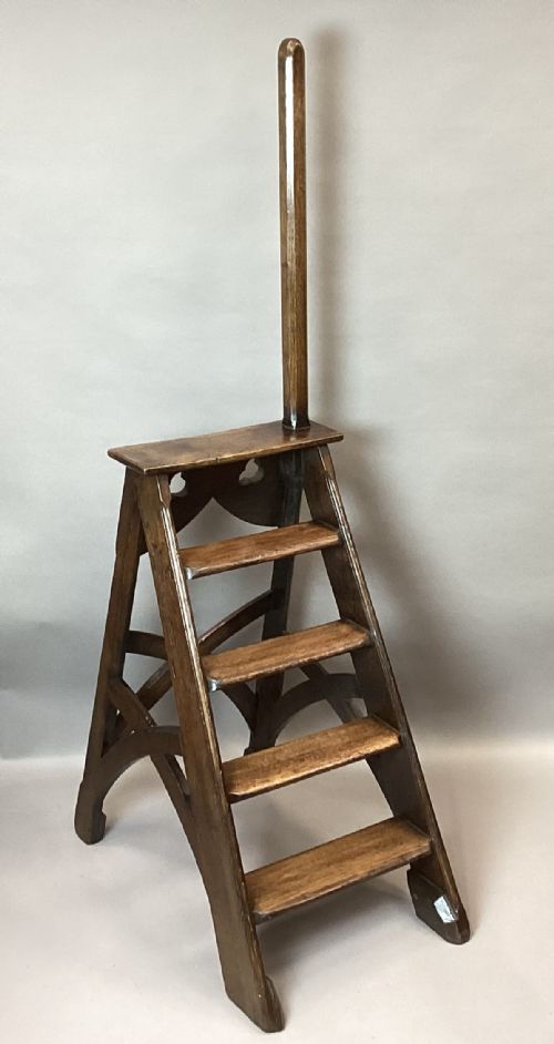 C19TH GOTHIC OAK LIBRARY STEPS IN THE MANNER OF AWNPUGIN - ADDITIONAL PHOTO 1