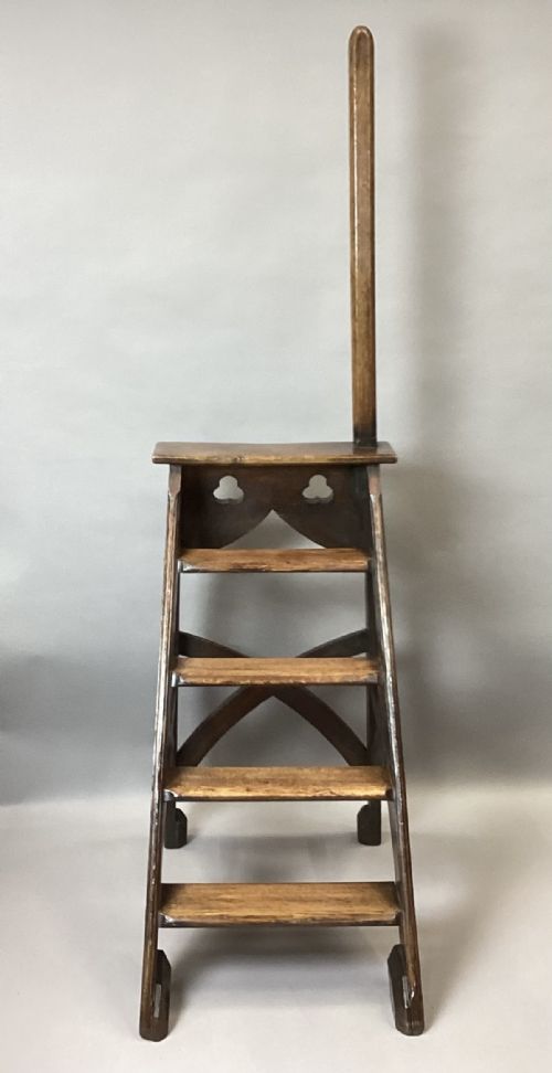 C19TH GOTHIC OAK LIBRARY STEPS IN THE MANNER OF AWNPUGIN - ADDITIONAL PHOTO 6