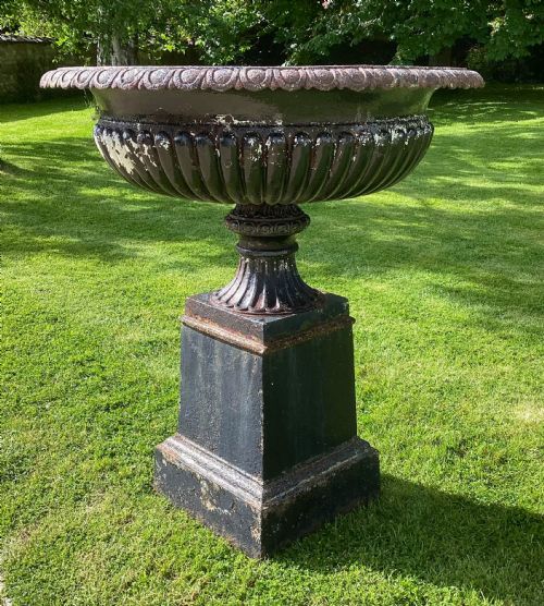 C19th Very Large Cast Iron Garden Urn; of Good Classical Tazza Form