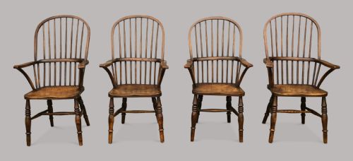 C19th Set of 4 Ash & Elm West Country High Back Windsor Chairs; with Provenance