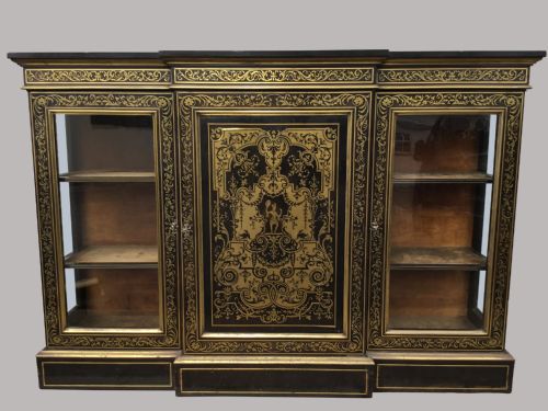 C19TH ENGLISH EBONY AND BOULLE BREAKFRONT SIDE CABINET