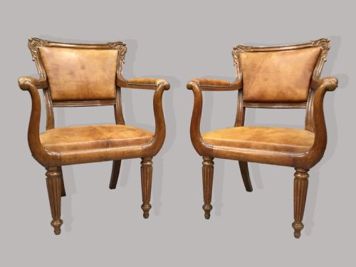 REGENCY PAIR OF OAK AND LEATHER LIBRARY CHAIRS - ADDITIONAL PHOTO 2
