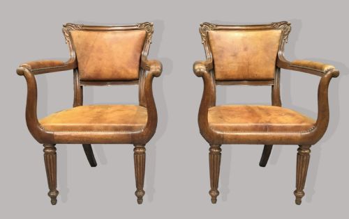 REGENCY PAIR OF OAK AND LEATHER LIBRARY CHAIRS - ADDITIONAL PHOTO 3