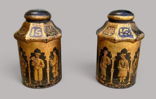 C19th Large Tole Tea Canisters; Original Black and Gilt Chinoiserie Decoration