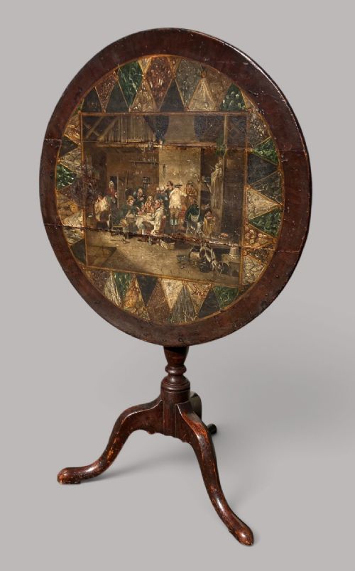 George III Vernacular Oak Painted Tripod Table; Rare Original Naïve Paintwork