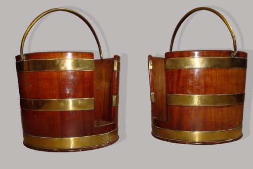 Rare Pair of George III Brass Bound Mahogany Plate Buckets