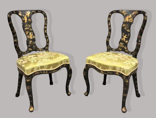 C18th Pair of Dutch Lacquered Side Chairs; Good Original Gilt Decoration
