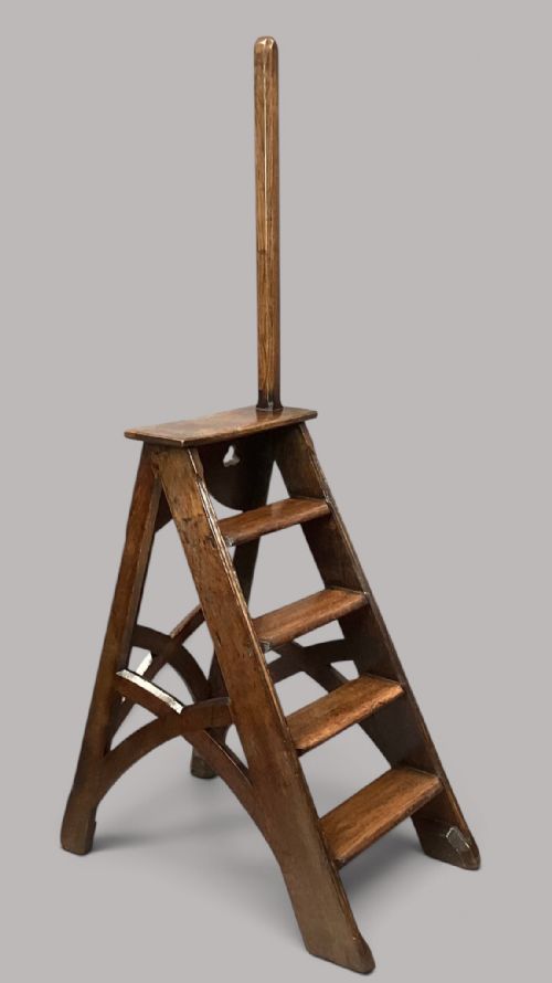 C19th Gothic Oak Library Steps; in the Manner of A.w.n.pugin