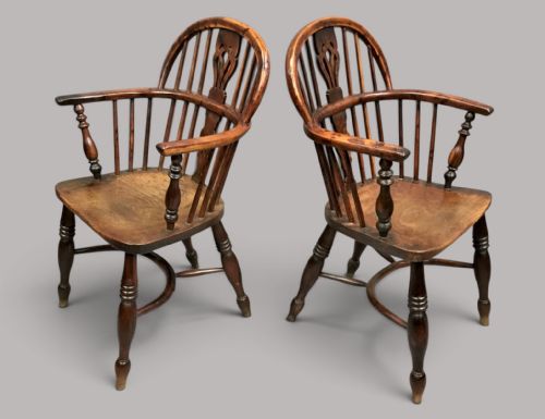 C19th pair of burr yew and elm Windsor armchairs; great colour and richly patinated